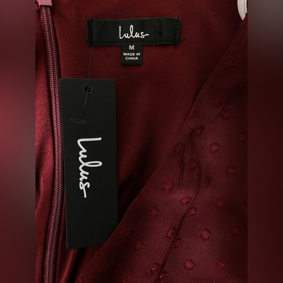 NWT Lulus Have Harmony Burgundy Swiss Dot Ruffled Faux Wrap Midi Dress Medium - Picture 10 of 13